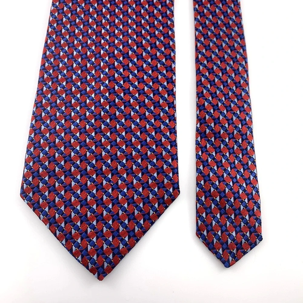 Ike Behar Mens Tie Red & Blue Geometric Repp Thick 100% Silk‎ Necktie